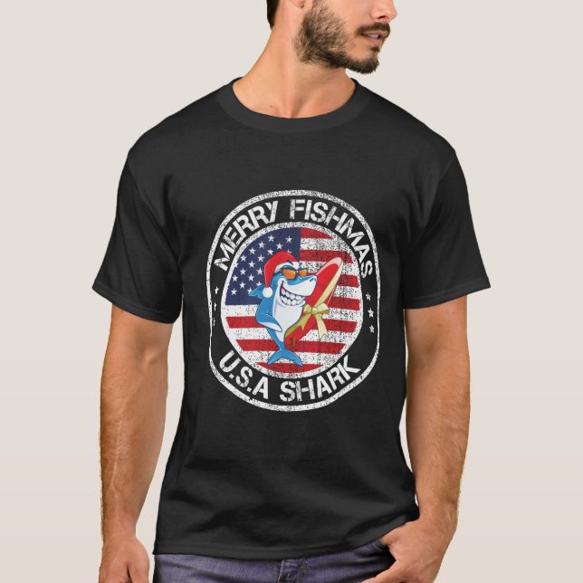 Merry Fishmas USA Flag Great White Shark T-Shirt (Front)