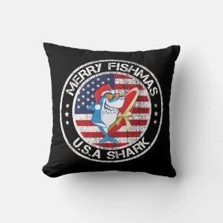 Merry Fishmas USA Flag Great White Shark Throw Pillow