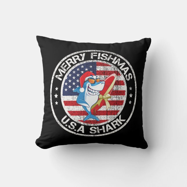 Merry Fishmas USA Flag Great White Shark Throw Pillow (Front)