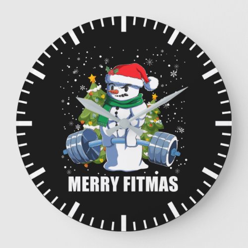 Merry Fitmas Funny Christmas Snowman Gym Lifting Large Clock