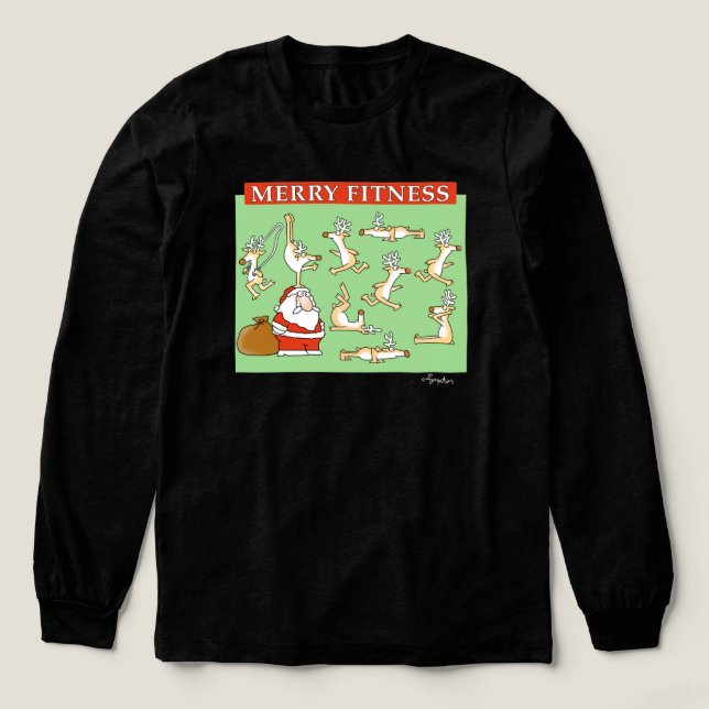 Merry Fitness exercise reindeer by Sandra Boynton Tri-Blend Shirt (Design Front)