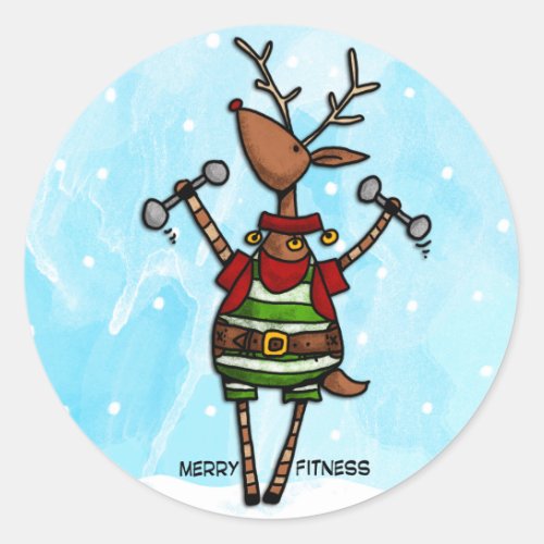 merry fitness reindeer classic round sticker