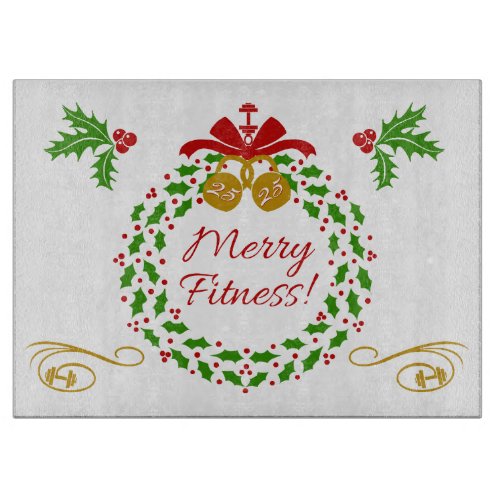Merry Fitness Wreath Holiday Cutting Board