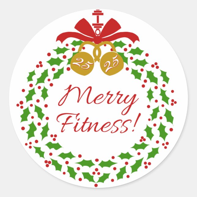 Merry Fitness Wreath Round Stickers (Front)