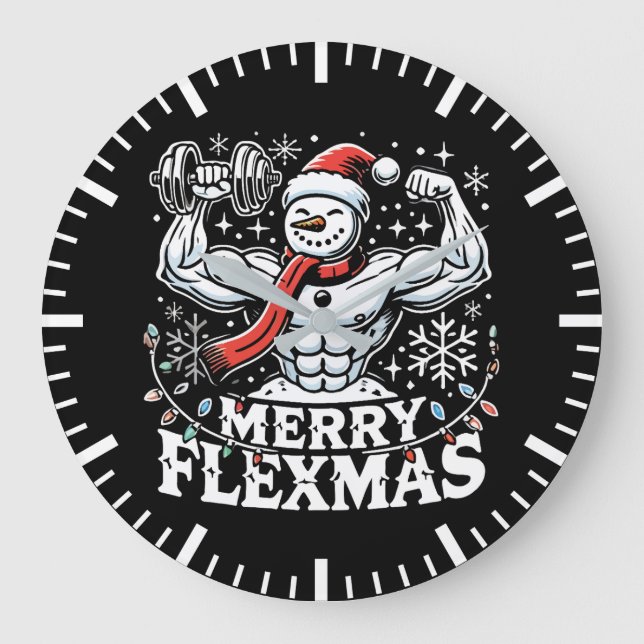 Merry Flexmas - Snowman Flexing Christmas Gym  Large Clock (Front)