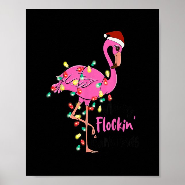 Merry Flocking Christmas Flamingo Pink In Santa Ha Poster (Front)