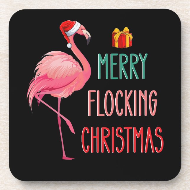 Merry Flocking Christmas Funny Flamingo Holiday Beverage Coaster (Front)
