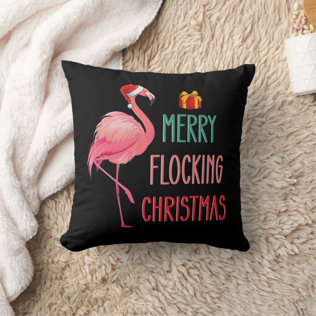 Merry Flocking Christmas Funny Flamingo Holiday Throw Pillow (Blanket)