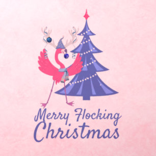 Merry Flocking Christmas Funny Flamingo Reindeer Wall Decal