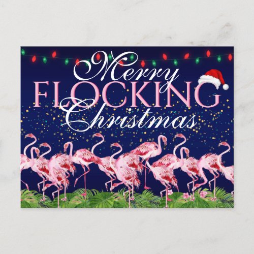 Merry Flocking Christmas Pink Flamingo Holiday Postcard