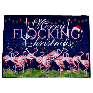 Merry Flocking Christmas Pink Flamingo Large Gift Bag
