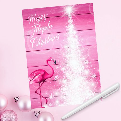 Merry Florida Christmas Pink Flamingo White Tree Holiday Card