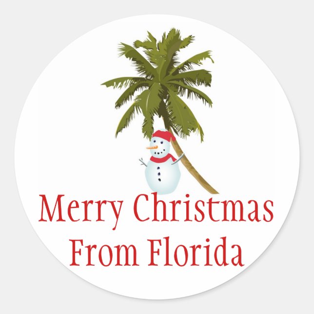 Merry Florida Christmas, snowman under palm tree Classic Round Sticker (Front)