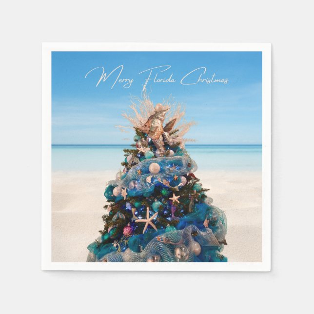 Merry Florida Christmas Tropical Beach and Tree Napkins (Front)