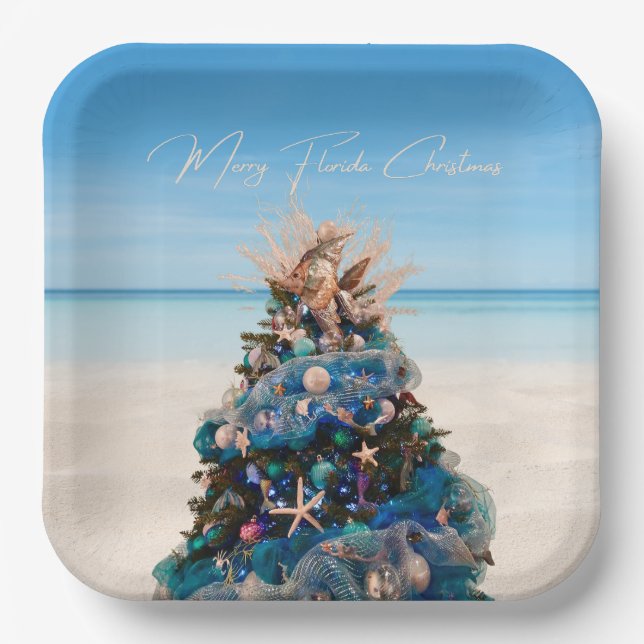 Merry Florida Christmas Tropical Beach and Tree Paper Plates (Front)