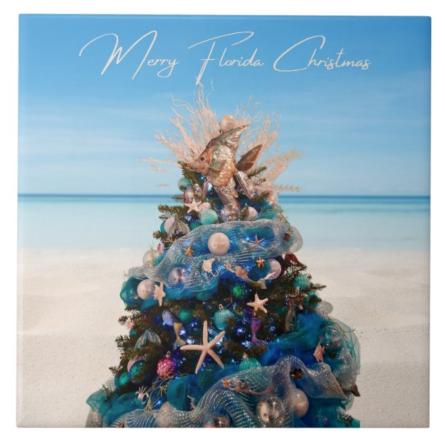 Merry Florida Christmas Tropical Beach HolidayTree Ceramic Tile (Front)
