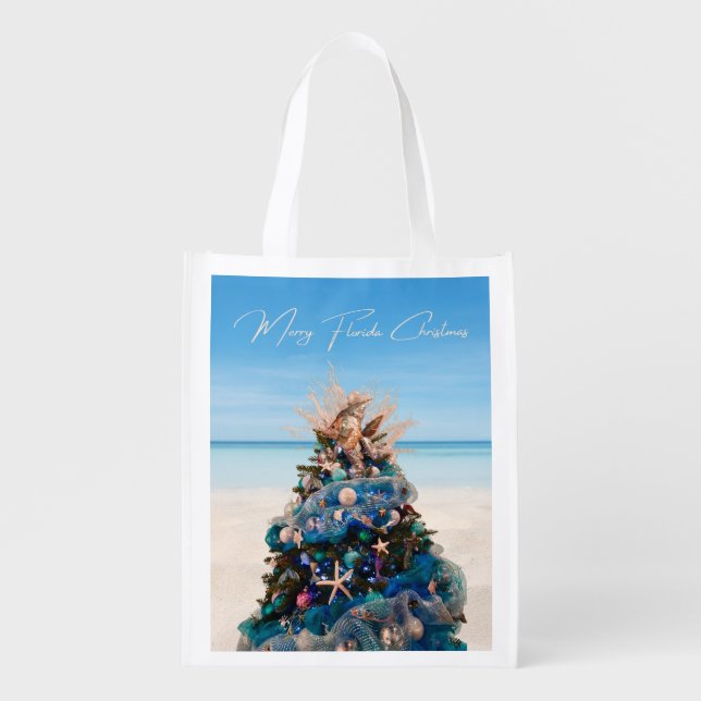 Merry Florida Christmas Tropical Beach HolidayTree Grocery Bag (Front)