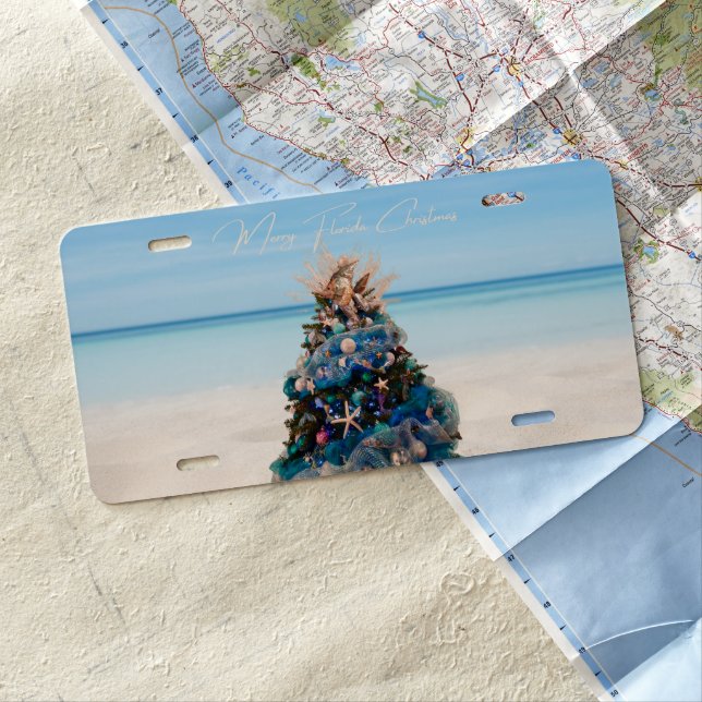 Merry Florida Christmas Tropical Beach HolidayTree License Plate (In Situ)