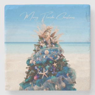 Merry Florida Christmas Tropical Beach HolidayTree Stone Coaster
