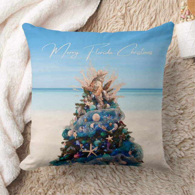 Merry Florida Christmas Tropical Beach HolidayTree Throw Pillow (Blanket)