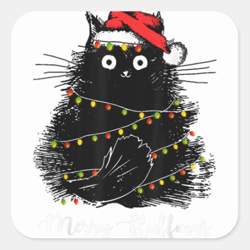 Merry Fluffmas Black Cat With Santa Hat Xmas Light Square Sticker