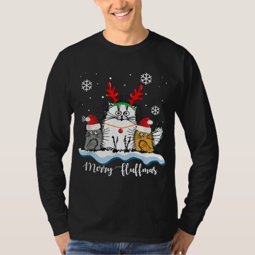 Merry Fluffmas Cats With Santa Hat Reindeer Horn C T_Shirt