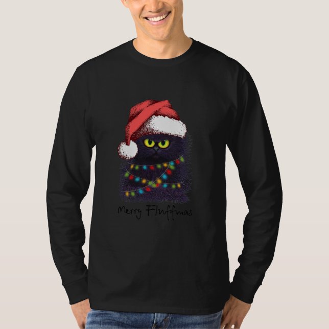 Merry Fluffmas Cats With Santa Hat Xmas Lights T-Shirt (Front)