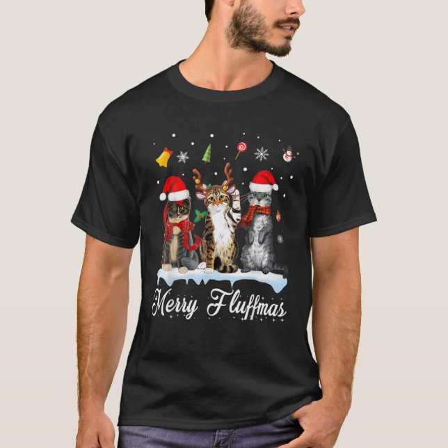 Merry Fluffmas Three Cats Christmas Cat Lover T-Shirt (Front)