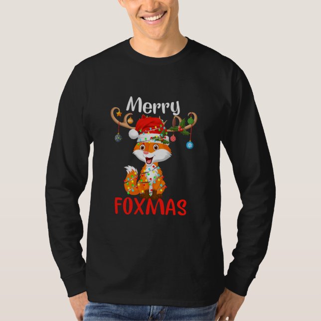 Merry Foxmas Funny Fox Christmas Ornament Lights T-Shirt (Front)
