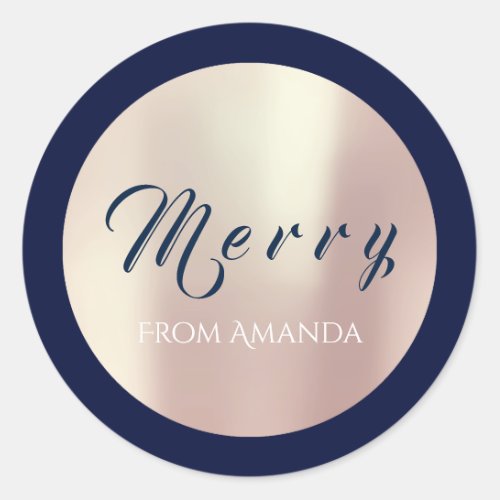 Merry From Name White Rose Gold Holidays Navy Classic Round Sticker