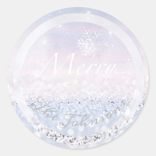 Merry From The Family Name Snowflakes Blue Glitter Classic Round Sticker