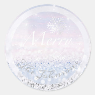 Merry From The Family Name Snowflakes Blue Glitter Classic Round Sticker