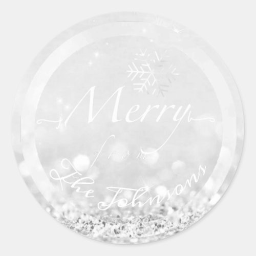 Merry From The Family Name Snowflakes Grey Glitter Classic Round Sticker