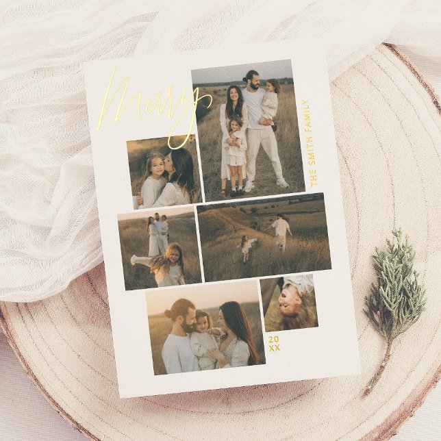 Merry | Gallery Wall 6 Photo Collage Christmas Foil Holiday Card (Creator Uploaded)