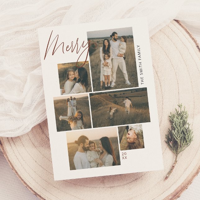 Merry | Gallery Wall 6 Photo Collage Christmas Holiday Card (Creator Uploaded)