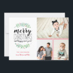 Merry Garland Holiday Christmas Collage 3-Photo<br><div class="desc">Stylish and festive Holiday photo collage card that features stacked typography that reads: "Merry Christmas and happy new year." Personalize with your own photos and text. Featuring our exclusive hand painted watercolor laurels with red berries. Comes with a trendy red geo pattern on the back for an extra special touch....</div>