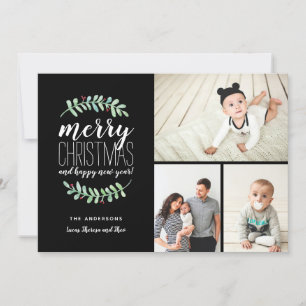 Merry Garland Holiday Christmas Collage 3-Photo Card