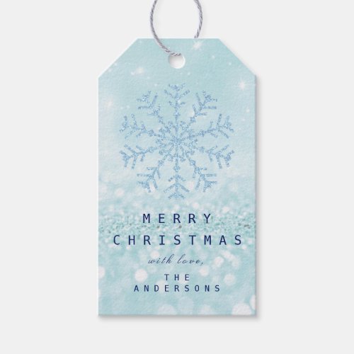 Merry Gift To Blue Snow Flakes Blue Ice Glitter Gift Tags