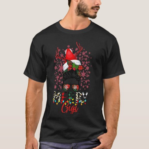 Merry Gigi Christmas Messy Bun Plaid Leopard Xmas  T_Shirt