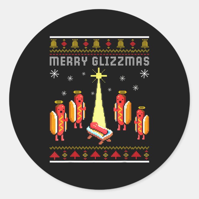 Merry Glizzmas Hot Dog Funny Ugly Christmas Sweate Classic Round Sticker (Front)