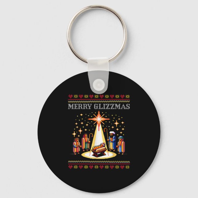 Merry Glizzmas Tacky Funny Merry Christmas Hot Dog Keychain (Front)