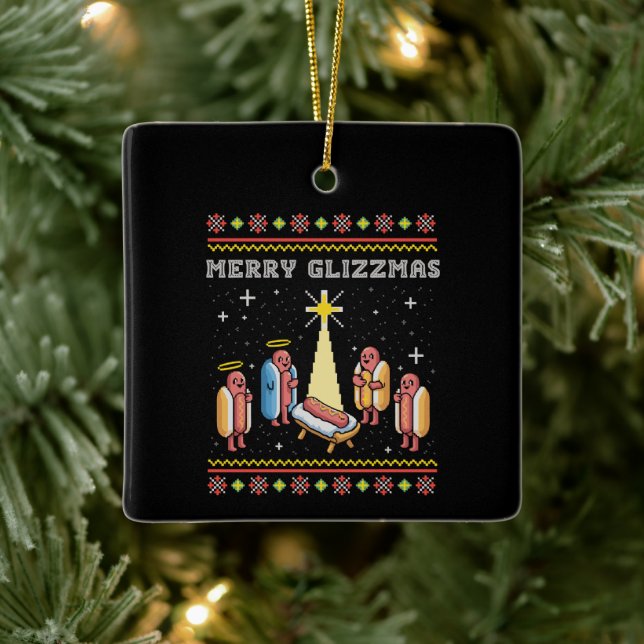 Merry Glizzmas Ugly Christmas Hot Dog Xmas Ceramic Ornament (Tree)