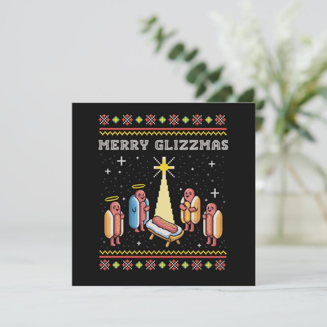 Merry Glizzmas Ugly Christmas Hot Dog Xmas Holiday Card (Standing Front)