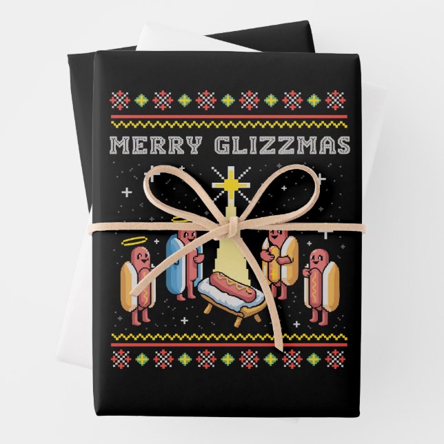 Merry Glizzmas Ugly Christmas Hot Dog Xmas Wrapping Paper Sheets (In situ)