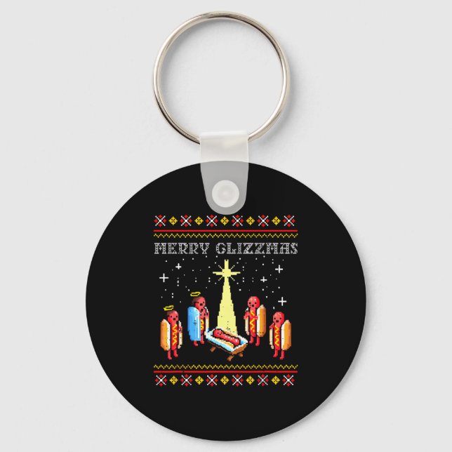 Merry Glizzmas Ugly Christmas Sweater Funny Hot Do Keychain (Front)