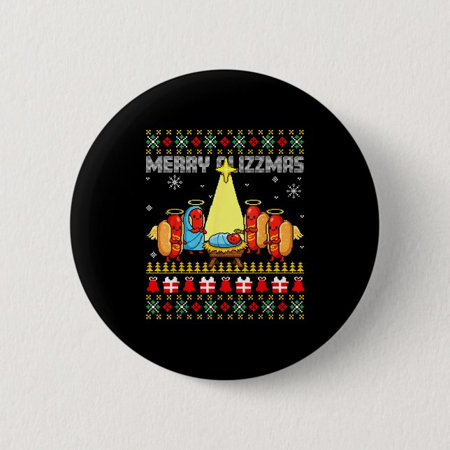 Merry Glizzmas Ugly Christmas Sweaters Hot Dogs Xm Button (Front)