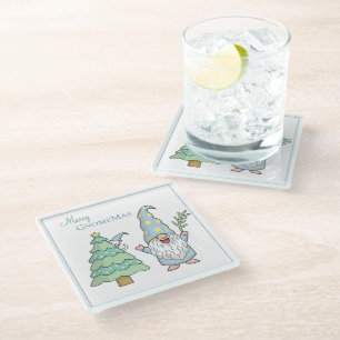 Merry GnomeMas Christmas Tree Gnome Holiday Glass Coaster