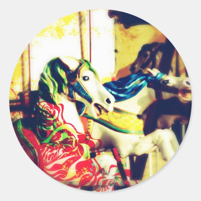 Merry-Go-Round Horses Summer Flashback Digital Art Classic Round Sticker (Front)