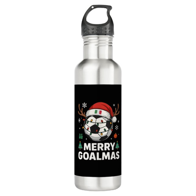 Merry Goalmas Italy - Funny Soccer Christmas Stainless Steel Water Bottle (Front)