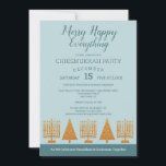 Merry Gold Blue Chrismukkah Holiday Party<br><div class="desc">Design these Merry Happy Chrismukkah holiday party invitations with your event details on this simple modern interfaith design of faux gold Hanukkah Menorahs and Christmas trees with mixed fonts in dark blue on a soft pastel blue background. Every bit of text on these gold and blue custom invitations can be...</div>